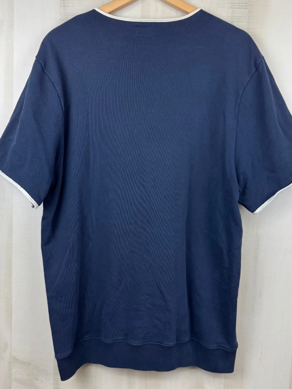 J Crew Vintage Fleece Men’s Short Sleeve Henley Navy Blue White Piped Large Tall